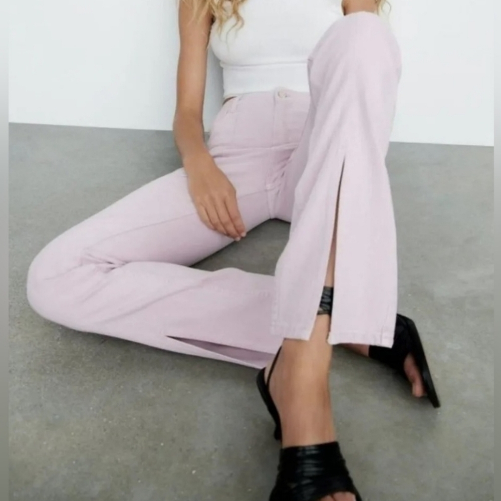 Zara Slim Flare Jeans Light Purple Front Slit High Rise